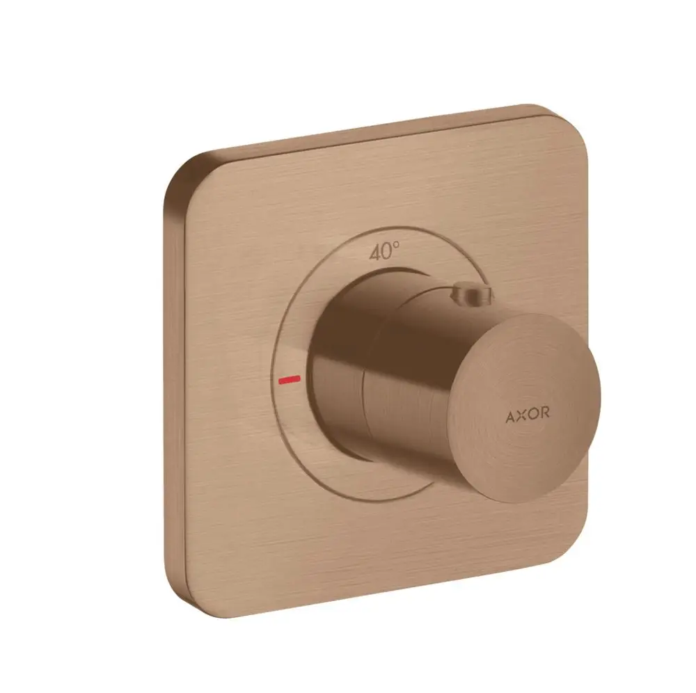 Thermostat mit runder Bedienungseinheit und seitlicher Temperaturanzeige in gebürstetem Rotgold, hergestellt von AXOR. Montage zur Unterputzinstallation.